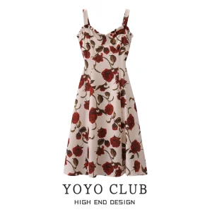 YOYO CLUB大码女装凡尔赛玫瑰吊带裙夏季海边度假碎花茶歇连衣裙