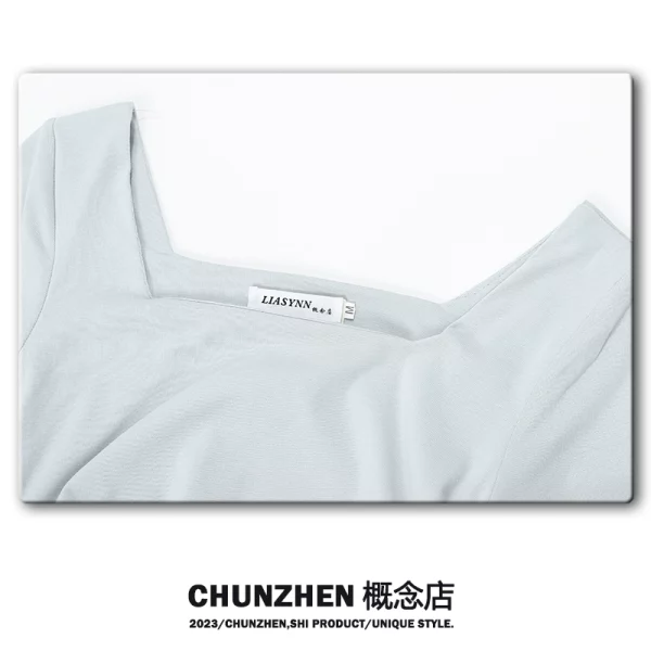CHUNZHEN 法式方领抽绳连衣裙女夏季2023年新款收腰气质少女长裙 - 图片 2