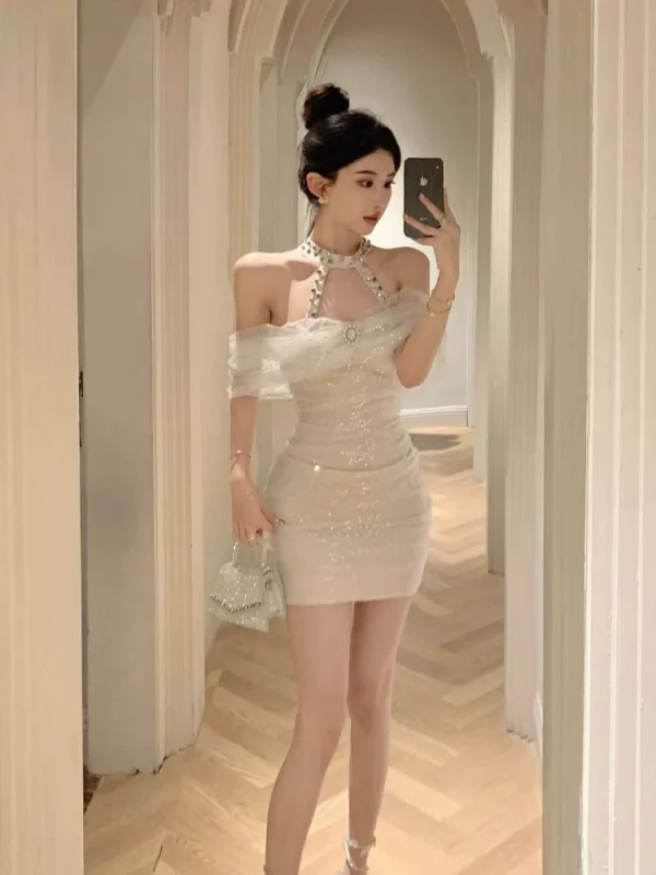 法式网纱重工party晚礼服女高级性感名媛气质亮片镶钻挂脖连衣裙 - 图片 3