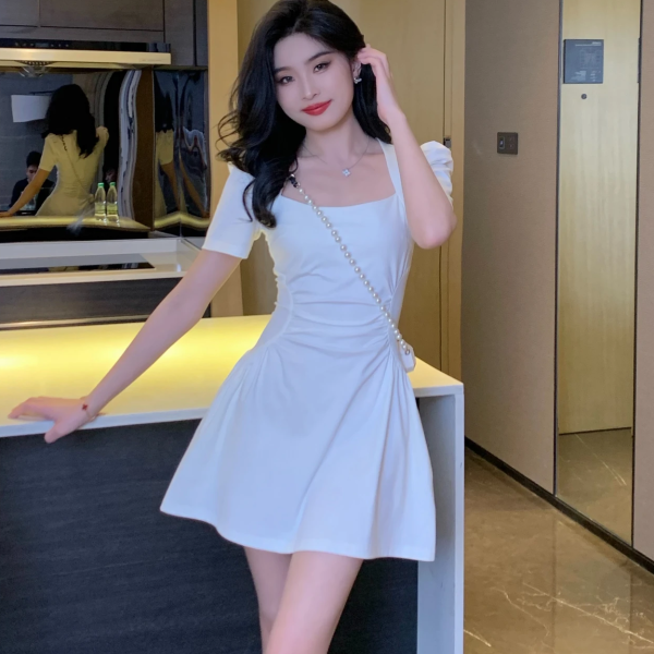 法式蓝色方领镂空泡泡袖连衣裙女2024夏气质显瘦修身辣妹A字短裙 - 图片 2