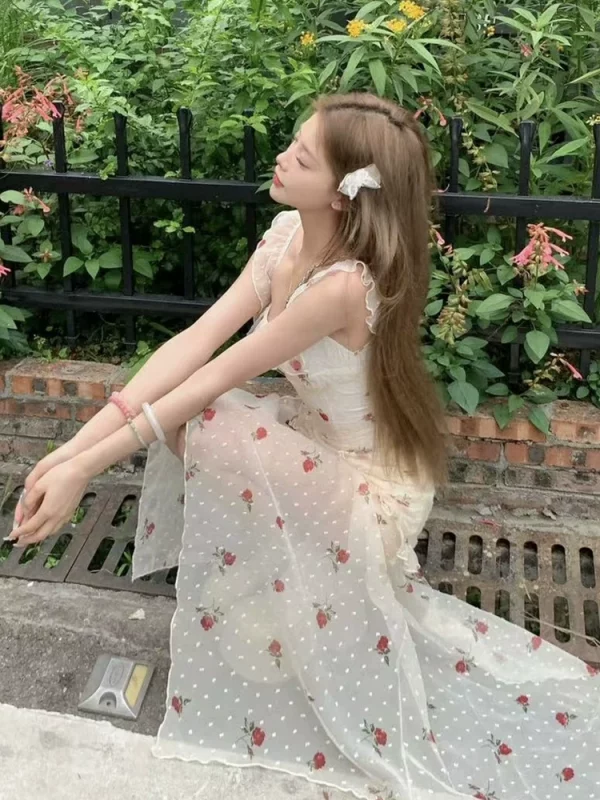 法式不规则碎花吊带连衣裙女方领超仙初恋系茶歇高级感A字长裙子 - 图片 3