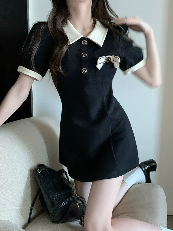 PPHOME黑甜女主~撞色Polo领连衣裙蝴蝶结收腰显瘦泡泡短袖T恤短裙 - 图片 3