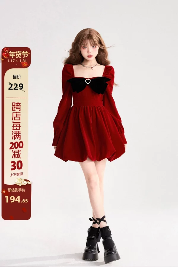 【现货】11SH97新年战袍蝴蝶结丝绒连衣裙2023年赫本复古短款裙子 - 图片 6