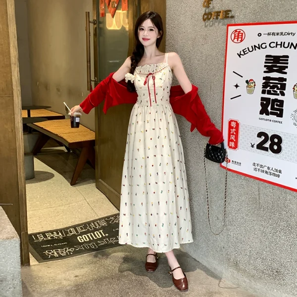 大码纯欲风碎花吊带连衣裙女夏季胖mm一字领显瘦遮肚裙子开衫套装 - 图片 3