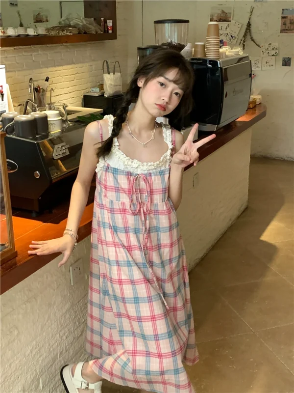 PPHOME泰甜了啦~日系清新撞色格纹吊带连衣裙+花边上衣吊带背心女 - 图片 4