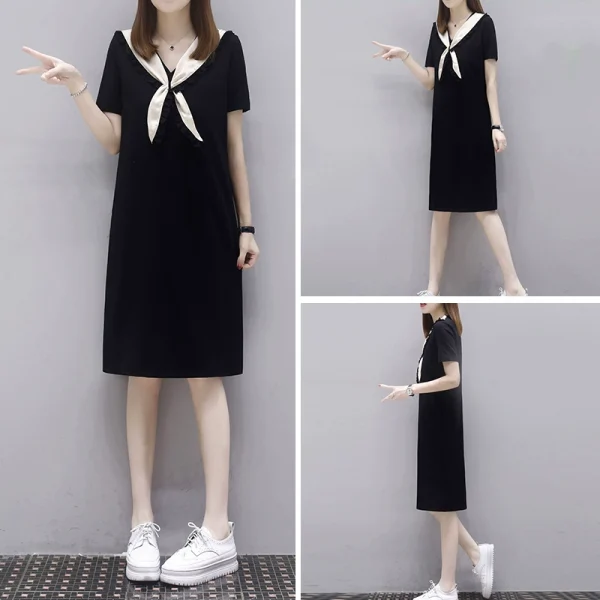 欧洲站夏季2023年新款遮肉显瘦胖MM小黑裙休闲大码直筒连衣裙女士 - 图片 4