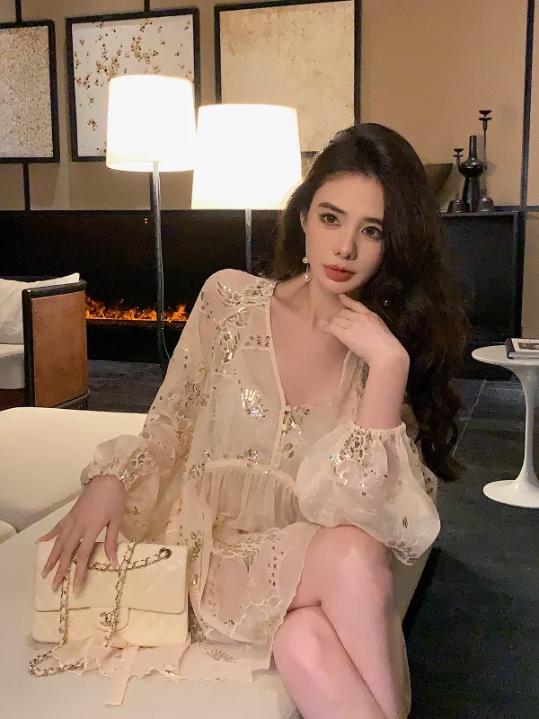 邱肉瑶 高端精致阔太太亮片连衣裙女秋季新款轻奢高级感轻熟裙子 - 图片 4