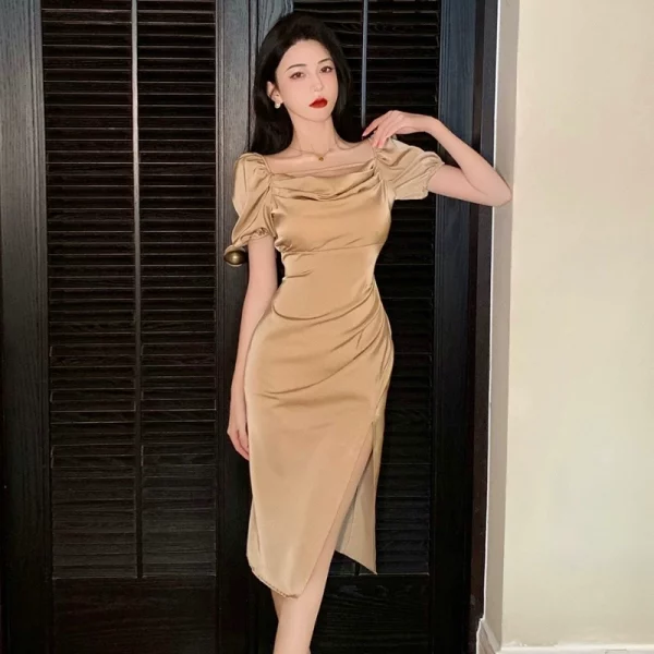 法式名媛高级感惊艳别致独特裙子收腰气质性感开叉泡泡袖连衣裙夏 - 图片 2