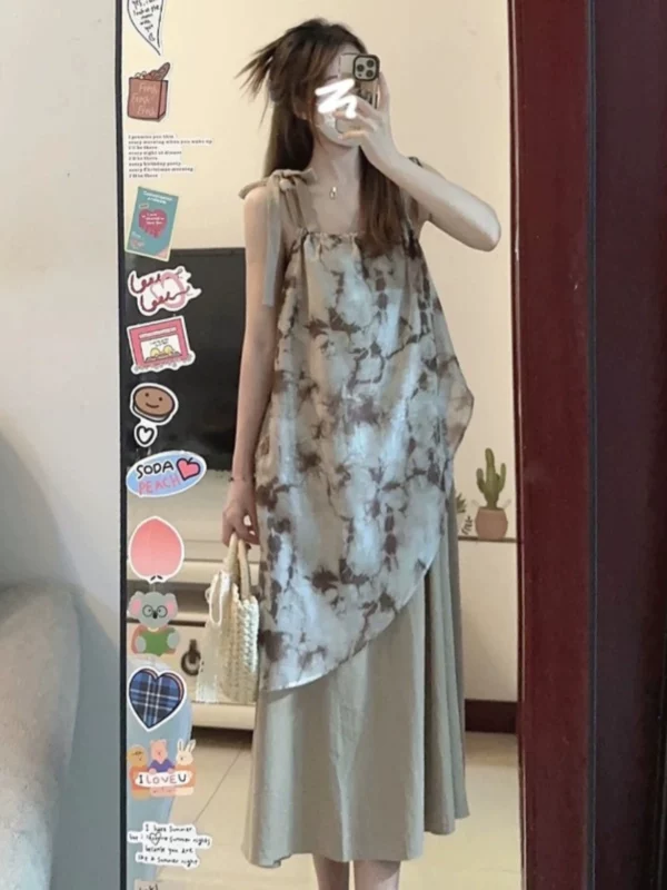 新中式扎染艺术印花吊带连衣裙女夏季新款不规则拼接氛围感中长裙 - 图片 4