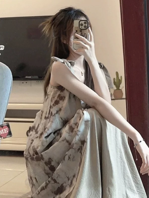 新中式扎染艺术印花吊带连衣裙女夏季新款不规则拼接氛围感中长裙 - 图片 6