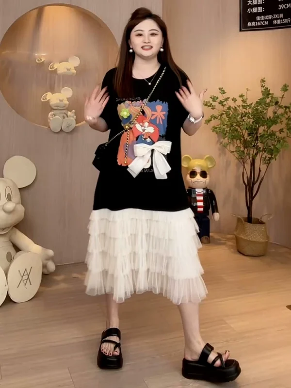 大码正肩拼接假两件连衣裙夏季胖mm加大加肥宽松遮肚藏肉网纱裙子 - 图片 2