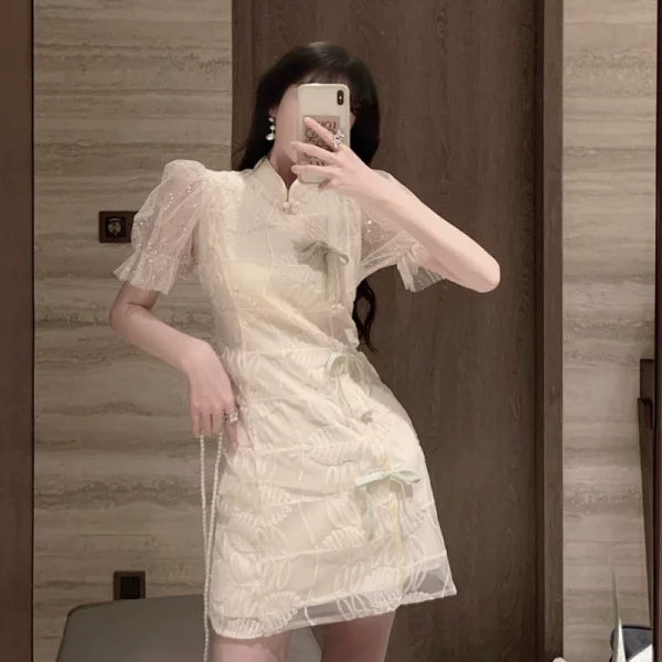 复古立领连衣裙夏款女装2022年新款小个子刺绣网纱泡泡袖改良旗袍