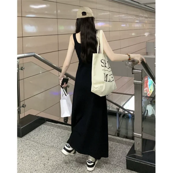 纯欲风针织吊带连衣裙女夏黑色打底裙子高级感修身a字包臀裙长裙 - 图片 5
