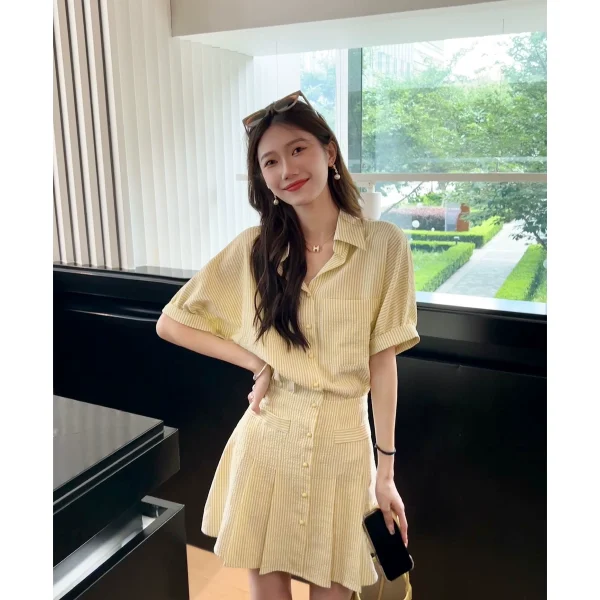 柒柒家  黄白条纹POLO领收腰衬衣裙2023夏季新款复古休闲衬衫裙女 - 图片 2