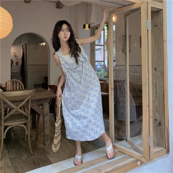 PPHOME淡雅小妹~温柔清新碎花裙夏季甜美奶油花边吊带连衣裙长裙 - 图片 2