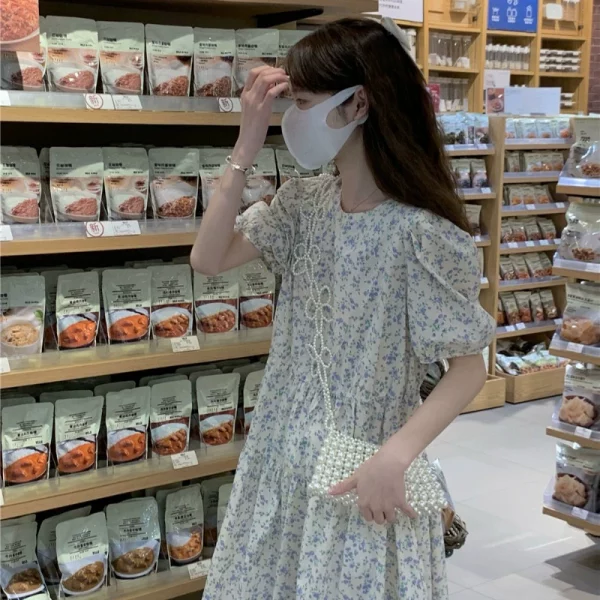 小碎花娃娃连衣裙少女夏季韩系温柔风甜美泡泡袖收腰气质初恋长裙 - 图片 3