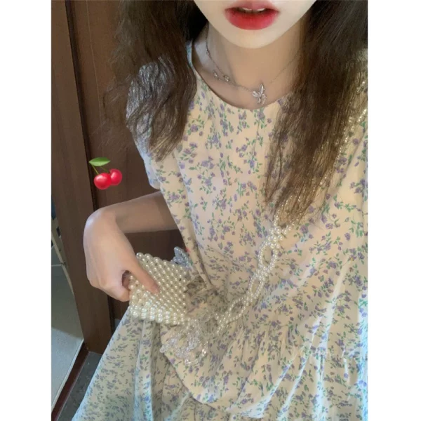 小碎花娃娃连衣裙少女夏季韩系温柔风甜美泡泡袖收腰气质初恋长裙 - 图片 2