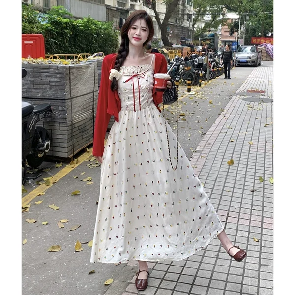 大码纯欲风碎花吊带连衣裙女夏季胖mm一字领显瘦遮肚裙子开衫套装 - 图片 2