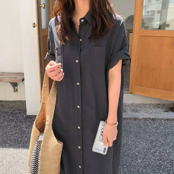 韩国chic夏季简约小众翻领单排扣口袋宽松纯色短袖衬衫式洋装女 - 图片 3