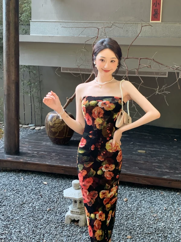 复古纯欲油画花朵网纱拼接设计抹胸高弹力长款连衣裙黑开衫两件套 - 图片 4
