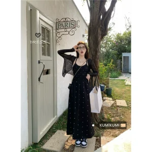 kumikumi度假风波点无袖吊带连衣裙女秋季收腰显瘦A字裙中长裙子