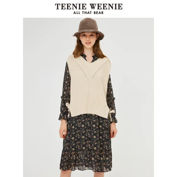 TeenieWeenie小熊连衣裙女针织马甲背心初秋冬两件套裙子碎花裙 - 图片 3