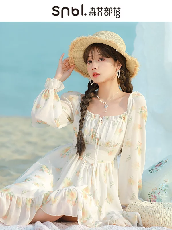 初夏花事原创森女部落不规则设计感中长款桔梗碎花裙氛围连衣裙女 - 图片 5