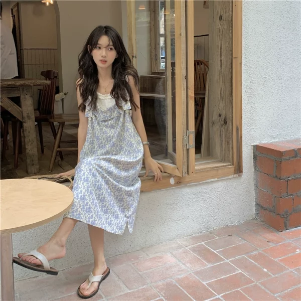 PPHOME淡雅小妹~温柔清新碎花裙夏季甜美奶油花边吊带连衣裙长裙 - 图片 3