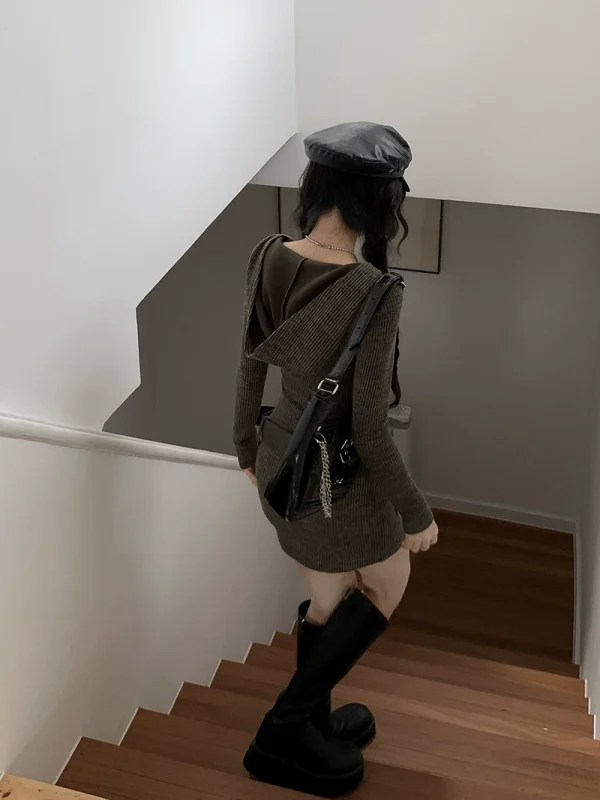 PPHOME辣妹计划~性感辣妹星星连帽针织连衣裙女复古长袖包臀短裙 - 图片 4