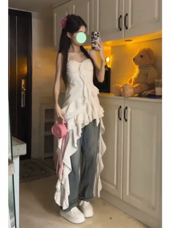 法式超仙不规则裙摆碎花长裙牛仔裤叠穿辣妹裙子吊带连衣裙女夏季 - 图片 4