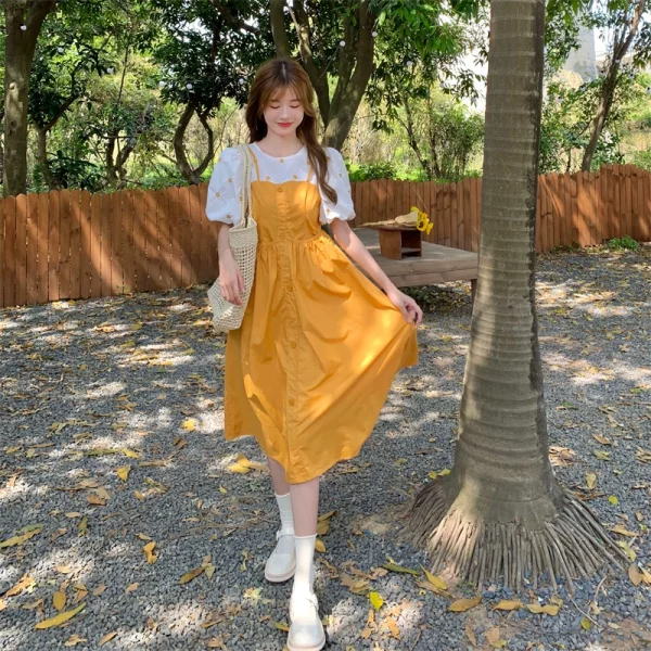 2023年夏季新款大码胖mm甜美碎花衬衫拼接吊带裙子女假两件连衣裙 - 图片 2