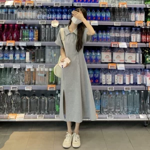 polo领开叉连衣裙女夏季2023新款收腰显瘦中长款冷淡风短袖A字裙