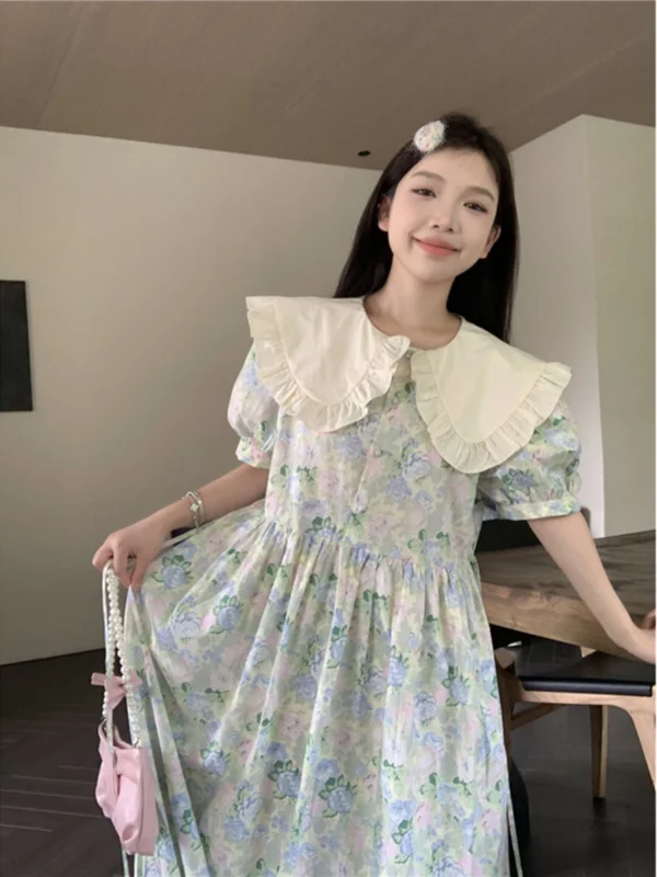 温柔风娃娃领碎花连衣裙女夏季新款法式减龄小个子泡泡袖中长裙子 - 图片 4