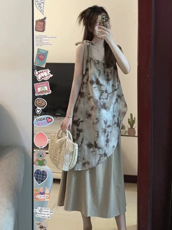 新中式扎染艺术印花吊带连衣裙女夏季新款不规则拼接氛围感中长裙 - 图片 3