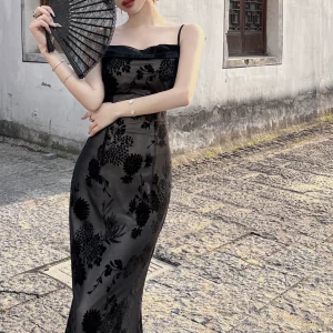 Mimo dk午夜繁花 法式复古黑色蕾丝连衣裙女高端高级感气质吊带裙