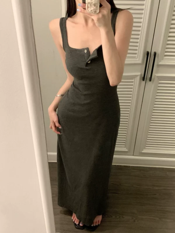 灰色吊带裙辣妹长裙修身连衣裙女夏季气质收腰显瘦包臀裙背心裙子 - 图片 3