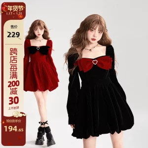 【现货】11SH97新年战袍蝴蝶结丝绒连衣裙2023年赫本复古短款裙子