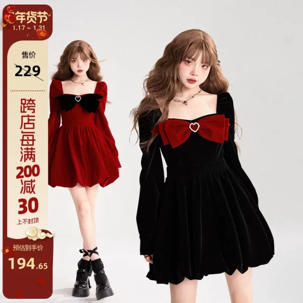 【现货】11SH97新年战袍蝴蝶结丝绒连衣裙2023年赫本复古短款裙子