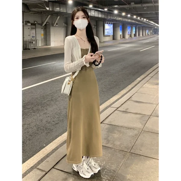 纯欲风针织吊带连衣裙女夏黑色打底裙子高级感修身a字包臀裙长裙 - 图片 2
