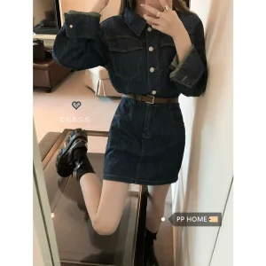 PPHOME邻家酷妹~气质长袖牛仔连衣裙女春夏季小个子收腰衬衫短裙