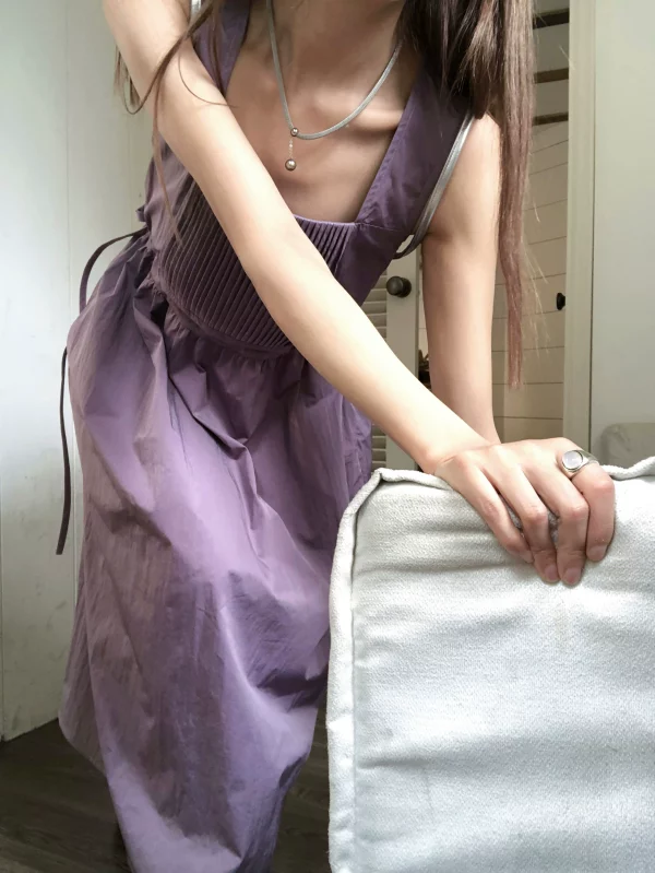 soolrok 松未韵一 韩版紫色吊带连衣裙女夏季温柔收腰气质a字长裙 - 图片 5