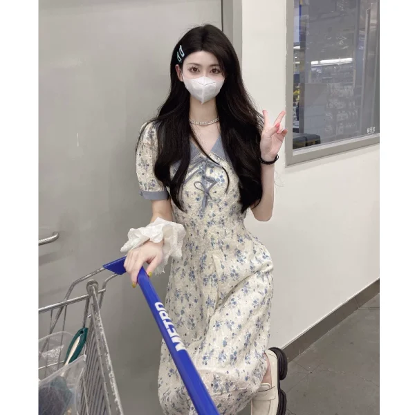 法式雪纺碎花连衣裙2022新款女夏季甜美娃娃领长裙设计感显瘦裙子 - 图片 3