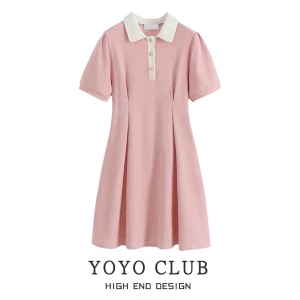 YOYO CLUB大码女装拼色收腰A字连衣裙夏季初恋奶甜胖MM显瘦POLO裙