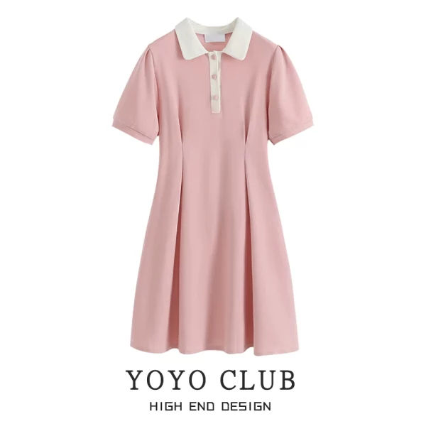 YOYO CLUB大码女装拼色收腰A字连衣裙夏季初恋奶甜胖MM显瘦POLO裙