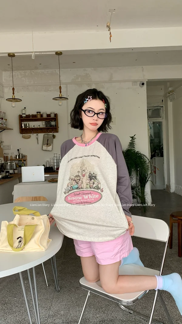 PPHOME可爱复古局~撞色插肩袖圆领卡通印花休闲百搭长袖T恤上衣女 - 图片 5