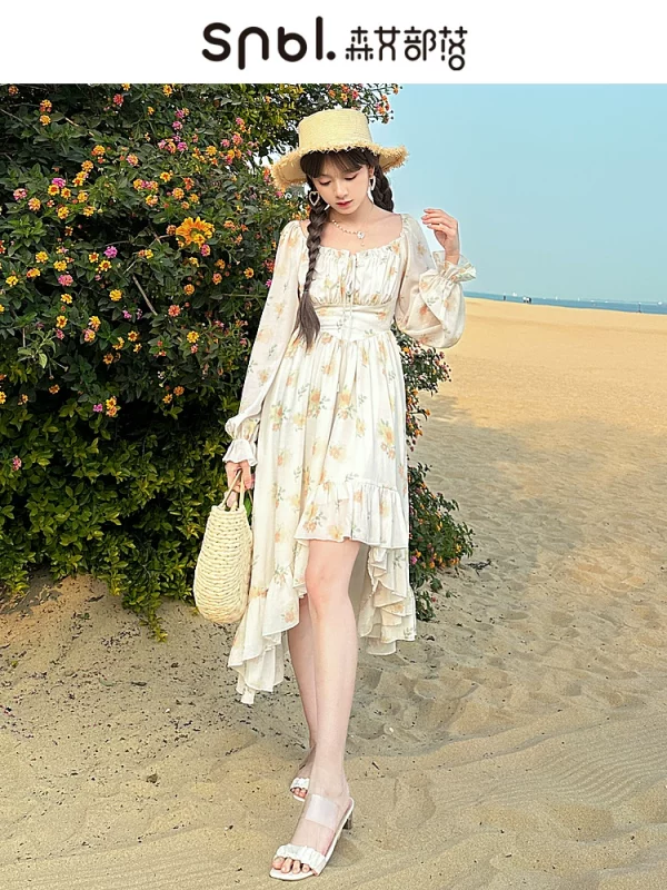 初夏花事原创森女部落不规则设计感中长款桔梗碎花裙氛围连衣裙女 - 图片 3