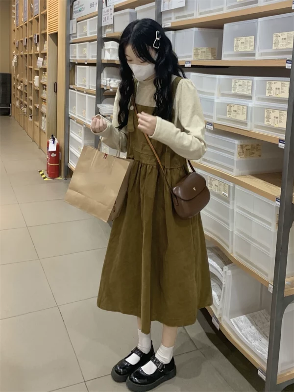 洋气冬季背带裙灯芯绒连衣裙女秋冬叠穿套装2022年新款中长款裙子 - 图片 4