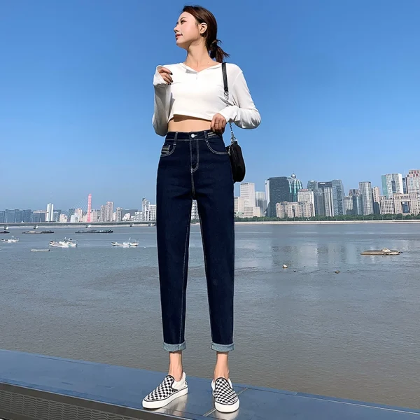 深蓝色哈伦萝卜老爹高腰牛仔女裤直筒小个子九分春秋女装2023新款 - 图片 2