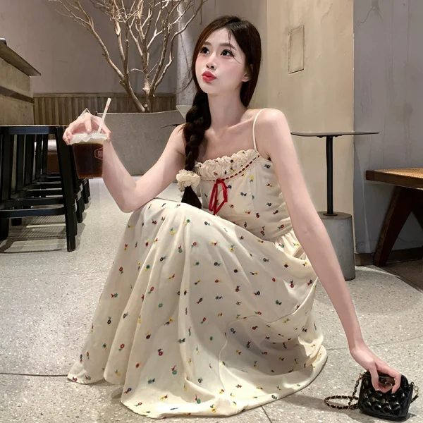大码纯欲风碎花吊带连衣裙女夏季胖mm一字领显瘦遮肚裙子开衫套装 - 图片 4