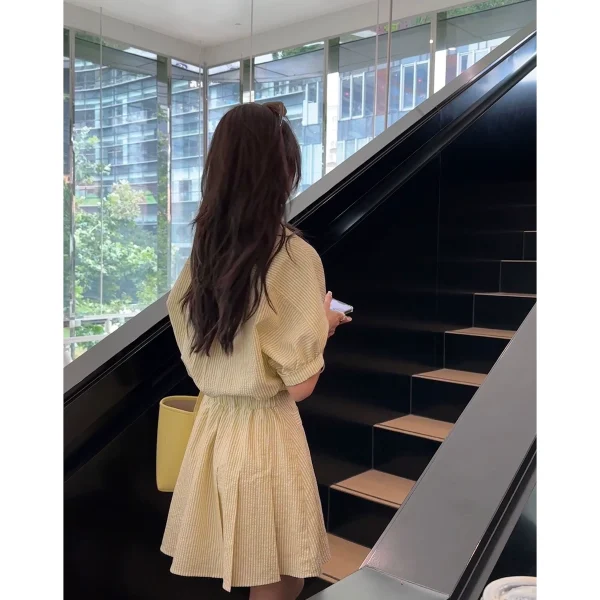 柒柒家  黄白条纹POLO领收腰衬衣裙2023夏季新款复古休闲衬衫裙女 - 图片 5